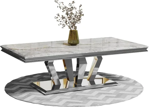 ACEDÉCOR Mesa auxiliar, mesa de centro plateada con cuatro bases geométricas de espejo, mesa auxiliar rectangular con marco de metal resistente,