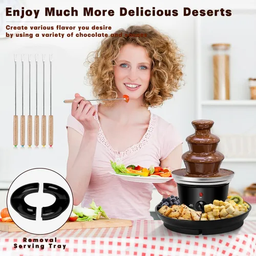 Miniatura 3 de Fuente de fondue de chocolate de 16 onzas, mini fuente de chocolate de 3 niveles con 6 tenedores de fondue y bandeja de extracción de frutas/frutos