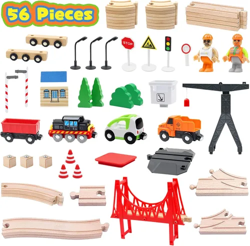 Miniatura 4 de WOOD CITY Juego de tren de madera, 56 piezas de lujo para niños de 2, 3, 4, 5 años, pista de tren temática de carga con grúa torre y puente