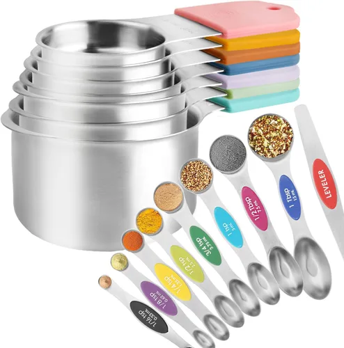 Miniatura 7 de Juego de 10 tazas y cucharas medidoras, taza medidora de metal apilable para medir ingredientes secos y líquidos, alimentos secos de cocina usados