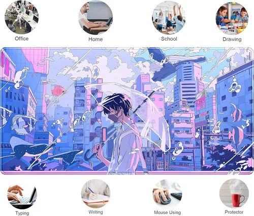 Miniatura 5 de Alfombrilla de escritorio Anime Kawaii Mousepad Linda Japonesa Alfombrilla de mouse grande para juegos XXL, Alfombrilla de teclado de laptop Azul