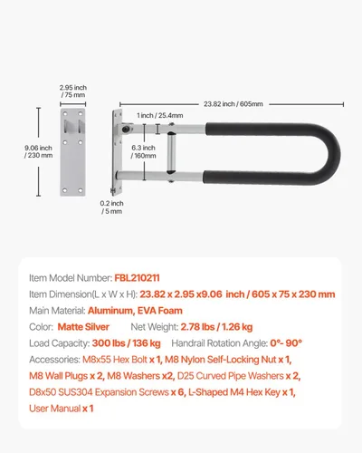 Miniatura 7 de VEVOR Barra de seguridad para inodoro, barra de agarre en forma de U de 23.8 pulgadas, poste de seguridad plegable para personas mayores, barra