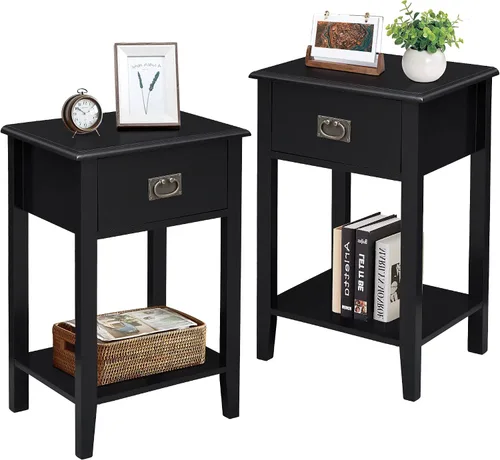 VECELO Juego de 2 mesitas de noche para sala de estar, dormitorio, mesita de noche, muebles de acento vintage para espacios pequeños, patas de Negro