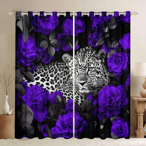 Miniatura 12 de Erosebridal Cortinas de Rosas Rojas 3D Tratamientos para Ventanas de Guepardo, Paneles de Cortinas con Estampado de Gato Leopardo para Sala