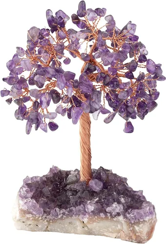 Miniatura 11 de rockcloud Árbol de dinero con piedra de cristal de cuarzo rosa natural con base de racimo de cristal de cuarzo amatista, árbol bonsái, Feng Shui