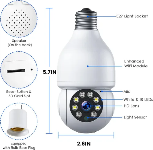 Miniatura 8 de Cámara de seguridad con bombilla WiFi de 2.4 GHz, cámara de enchufe de luz de 1080P, cámara de seguridad inalámbrica para interiores y exteriores
