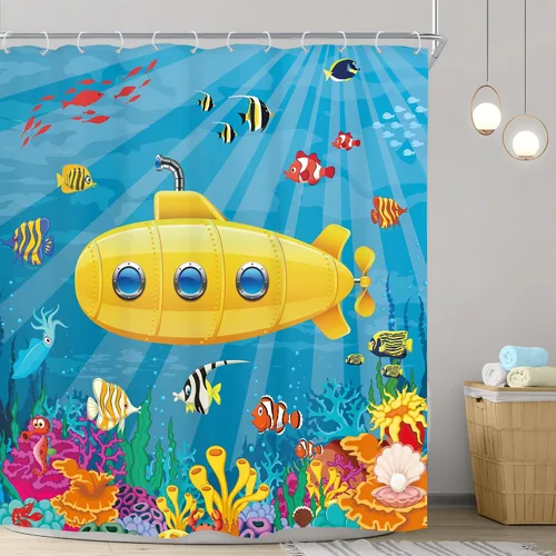 Miniatura 2 de Riyidecor Cortina de ducha infantil para decoración de baño, 72 pulgadas de ancho x 72 pulgadas de alto, diseño de dibujos animados, amarillo