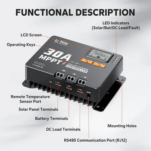 Miniatura 6 de LiTime 30 Amp MPPT 12V/24V/Auto CC de entrada controlador de carga solar, módulo Bluetooth incorporado, pantalla LCD con parámetros ajustables