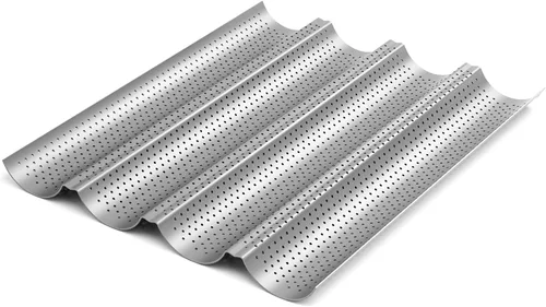 Miniatura 3 de Tiawudi Paquete de 2 Moldes Perforados Antiadherentes para Baguette de 15" x 13" para Hornear Pan Francés 4 Panes Ondulados Molde para Hornear Pan