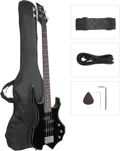 GLARRY Guitarra eléctrica de bajo de tamaño completo 4 cuerdas estilo Burning Fire para principiantes diestros con bolsa, correa y accesorios (negro)