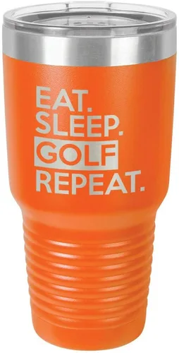 Miniatura 10 de Vaso con tapa superior deslizante y pajita de acero inoxidable para viaje con texto en inglés "EAT SLEEP GOLF REPEAT" de 76 ml en comparación