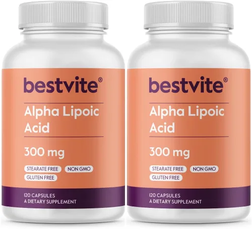 BESTVITE Ácido alfa lipoico 300 mg por cápsula (240 cápsulas) (120 x 2) sin estearato - Sin agentes de flujo - Sin OMG - Sin gluten