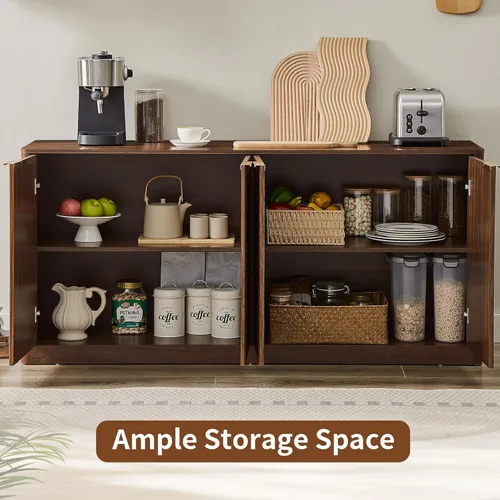 Miniatura 4 de Aparador de buffet acanalado de 59 pulgadas con almacenamiento, credenza grande con 4 puertas, armarios de almacenamiento decorativos de mediados