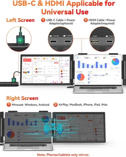 Miniatura 8 de HotYeah Extensor de pantalla para laptop, conexión de un cable (Windows y Mac), monitor portátil dual 1080P de 14 pulgadas, USB-C HDMI, pantalla