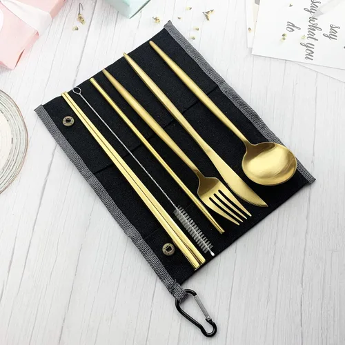 Miniatura 2 de JASHII Juego de cubiertos de viaje de acero inoxidable, tenedor, cuchara, cuchillo, pajilla, reutilizable, con funda, juego de utensilios portátiles