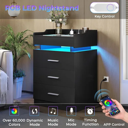 Miniatura 4 de BTHFST Mesita de noche grande con estación de carga y luces LED, mesita de noche negra con 3 cajones y 1 bandeja extraíble, mesa auxiliar