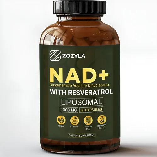 Suplemento liposomal NAD+ con resveratrol 1000 mg por porción, 60 cápsulas, alta absorción, sin OMG, certificado e inspeccionado por GMP, probado en