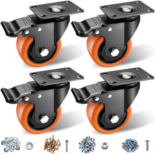Miniatura 24 de Ruedas ASRINIEY, juego de 4 ruedas de 2.0 in de alta resistencia - ruedas de bloqueo de poliuretano naranja, rueda giratoria de placa con freno