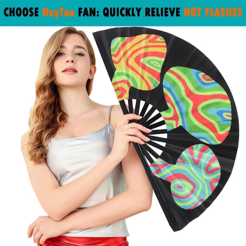 Miniatura 51 de HeyToo Ventilador de mano grande para mujeres/hombres, con brillo UV, para Drag Queen, cosplay, EDM, club, fiesta, música, festival, baile, Cuadrado