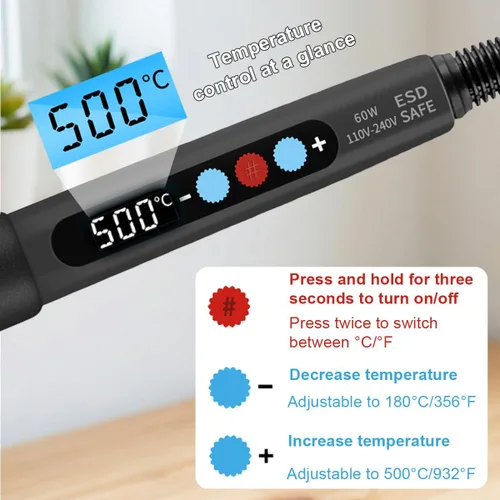 Miniatura 4 de Kit de soldadura de 60W con pantalla LED – Herramientas de soldadura de temperatura ajustable de 180-500°C con puntas, alambre, fundente, bomba