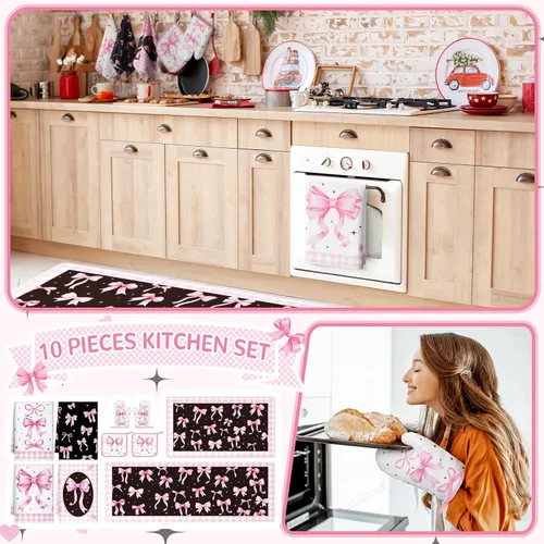 Miniatura 2 de Fourluoo Juego de 10 piezas de decoración de cocina con lazo rosa, 4 paños de cocina a cuadros rosados, 2 soportes para ollas, 2 guantes de horno, 2