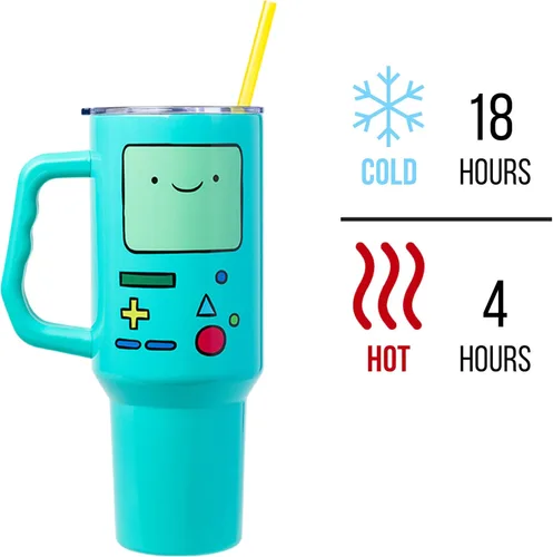 Miniatura 3 de Silver Buffalo Adventure Time With BMO - Vaso de acero inoxidable de doble pared con asa y pajilla, cabe en portavasos estándar, 40 onzas