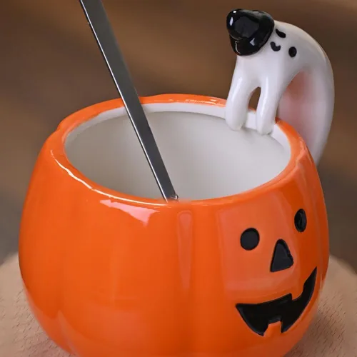 Miniatura 2 de ZaH Taza de cerámica con diseño de calabaza de Halloween, para fiesta de Halloween, con mango de calabaza, fantasma, naranja, 10 onzas (11.8 fl oz)
