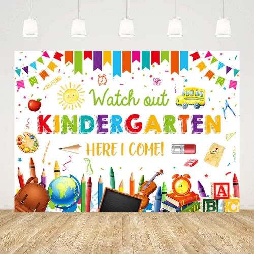 Miniatura 3 de AIBIIN Fondo de 7 x 5 pies para jardín de infantes para el regreso a la escuela, con texto en inglés "Watch Out Kindergarten Here I Come", Blanco