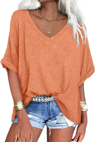 Miniatura 6 de UNCLECAT Camisetas de gran tamaño con cuello en V para mujer, camisas de manga corta de verano, holgadas, casuales
