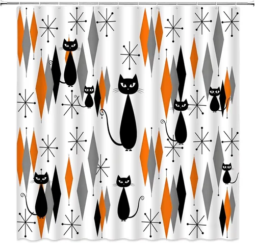 Cortina de ducha de gato negro de mediados de siglo, gato atómico, moderno, abstracto, geométrico, icónico, patrón vintage de los años 50, juego de