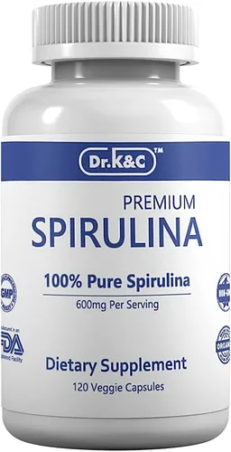 Dr.K&C Suplemento orgánico de superalimento de espirulina – Microalgas verdes azules naturales puras 600 mg 120 cápsulas vegetales Salud Sistema