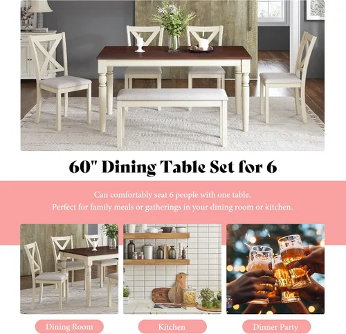 Miniatura 7 de AMERLIFE Juego de mesa de comedor de 6 piezas estilo granja, mesa de madera maciza de 152 cm con 4 sillas tapizadas y banco, asientos cómodos