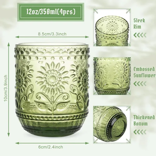 Miniatura 2 de Juego de 4 copas de vino vintage de 12 onzas con diseño floral en relieve verde con diseño de girasol, cristalería apta para lavavajillas