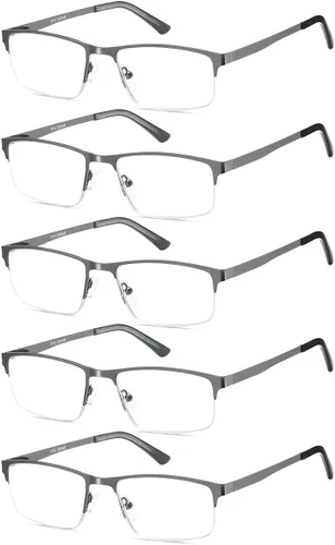 EYECEDAR Paquete de 5 lentes de lectura para hombre, lentes de bloqueo de luz azul, gris plomizo, metal, medio marco, bisagras de resorte, lectores