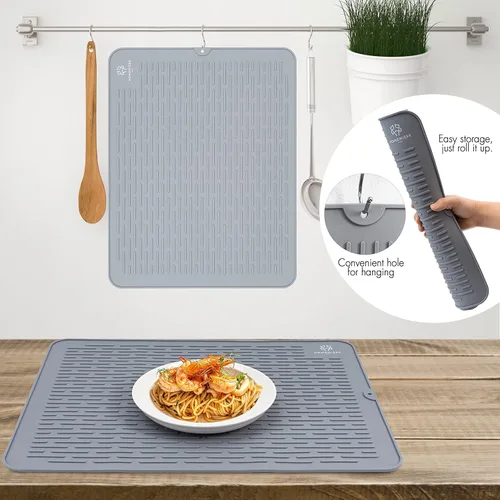 Miniatura 7 de Tapete de silicona para secar platos para encimera de cocina, extragrande, 23 x 18 pulgadas, resistente al calor, diseño antideslizante, secado Gris