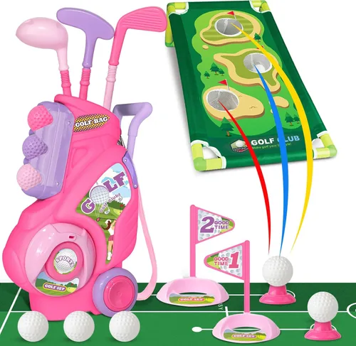 Juego de golf para niños y niñas de 1, 2, 3, 4 años, carrito de golf mejorado para niños con alfombrilla de putting y tabla de cornhole, juguetes