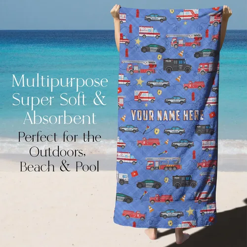 Miniatura 3 de Toalla de playa de microfibra personalizada para niños con vehículos de emergencia, añade un nombre personalizado para niños, algodón suave y Coches