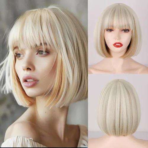 WERD Peluca corta de estilo Bob rubia con flequillo, pelucas cortas de color platino para mujer, pelucas con reflejos mixtos de color marrón y Rubio
