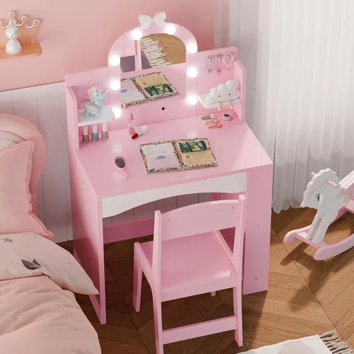 Miniatura 8 de MU Tocador infantil con luces, juego de mesa y silla de maquillaje de princesa para niñas, escritorio de tocador para niños pequeños con estantería