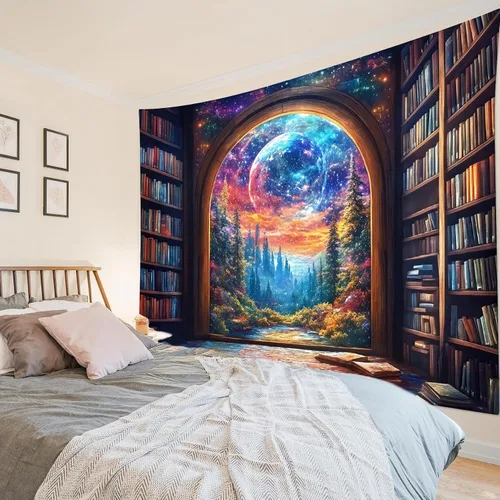 Miniatura 11 de LB Tapiz de cielo nocturno, luna llena en el mar, tapiz para colgar en la pared, tapiz de nube blanca de fantasía, tapiz de acuarela, arte de pared