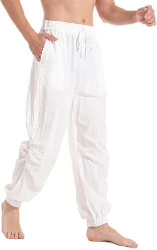 Miniatura 3 de perdontoo Pantalones casuales de lino de algodón para hombre, cintura elástica, con cordón para yoga