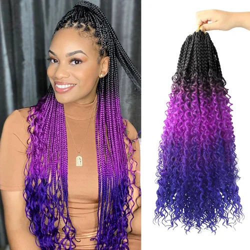 Miniatura 11 de Goddess Box Braids - Trenzas de cabello a ganchillo con extremos rizados, trenzas de caja bohemianas de 16 pulgadas, trenzas de ganchillo, 8 1B-4-30