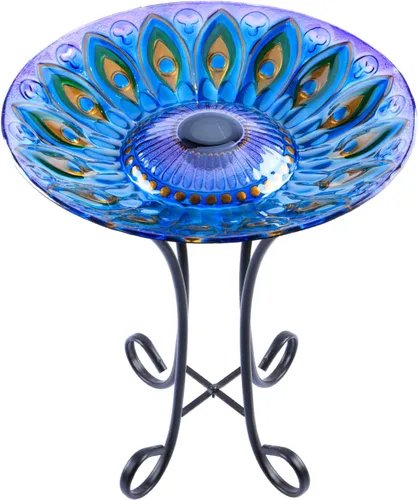 Miniatura 7 de MUMTOP Baño solar para pájaros de cristal al aire libre con soporte de metal para césped, patio, jardín, decoración de pavo real, 18 pulgadas