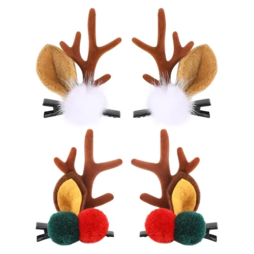 Boobeen Pinza para pelo de Navidad - 2 pares de lindas orejas de reno, accesorio para el cabello, diadema con cuernos, horquilla para Navidad,