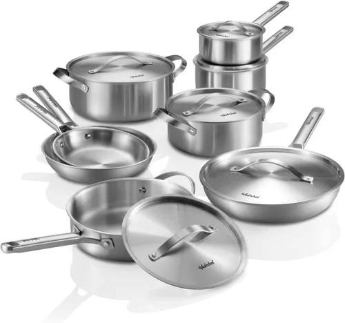 Juego de utensilios de cocina de acero inoxidable, 14 piezas, juego de ollas y sartenes de capa única, libre de PFOA y PTFE, apto para lavavajillas