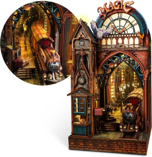 Miniatura 10 de FUNPOLA Kit de rincón de lectura del tren Sakura – Rompecabezas de madera 3D con LED y espejo infinito – Decoración de estantería DIY, manualidad