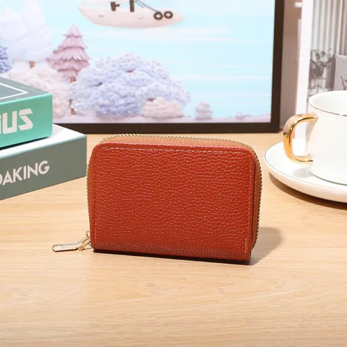Miniatura 2 de Funda organizadora para tarjetas de crédito, cartera compacta de seguridad con cremallera pequeña, Marrón, Estuche para tarjetas