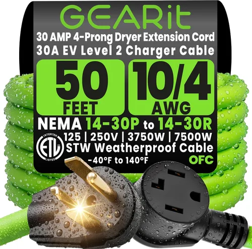 GEARit Cable de extensión para secadora de 30 amperios, cable de extensión NEMA 14-30 de 4 puntas, NEMA 14-30P a 14-30R, 125/250 V resistente 10/4