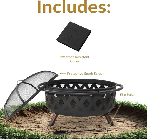 Miniatura 3 de Sunnydaze Crossweave - Hoguera para exteriores, brasero de leña para exteriores con pantalla de chispas, póker y cubierta redonda, 30 pulgadas