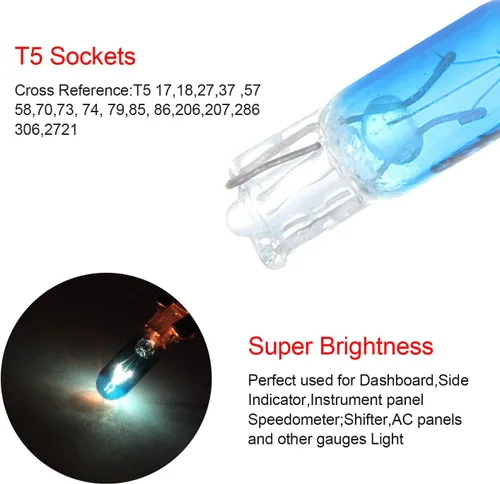 Miniatura 3 de CCIYU 20 unidades de bombilla de luz de halógeno T5 azul 17 86 206 para panel de instrumentos, lámpara de tablero 12V